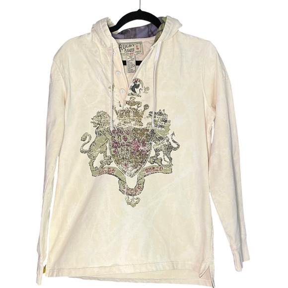 Jackets & Blazers - Rugby Ralph Lauren Crest Hoodie Shirt L Ivory Cotton Henley Preppy Vintage